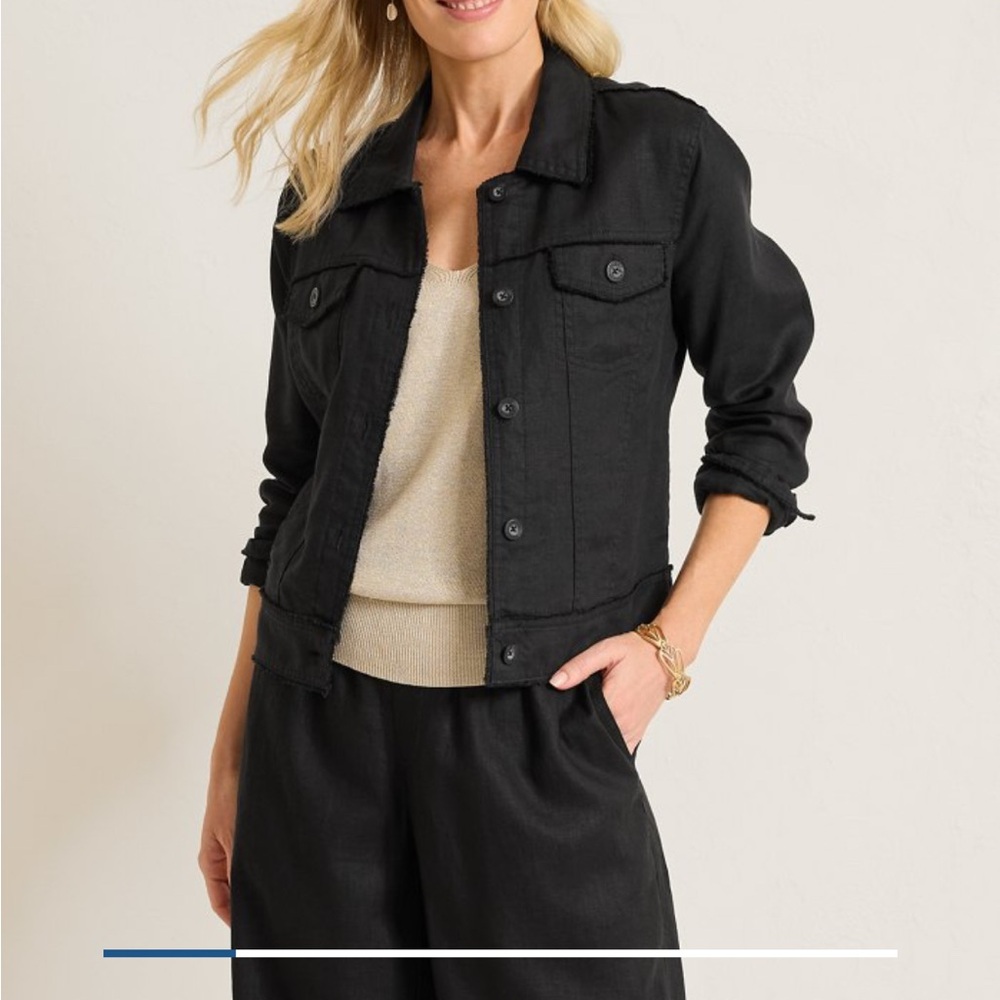 Tommy Bahama Women's Black Linen Fringe Denim Jacket